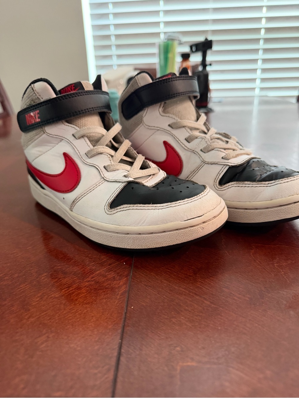 Nike Kids High-Top Sneakers in White, Black & Red